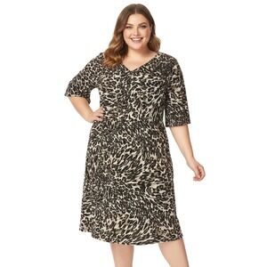 Jessica Howard Tiered Dress 18W Leopard Print‎ V-Neck Ruched Modern Safari Chic